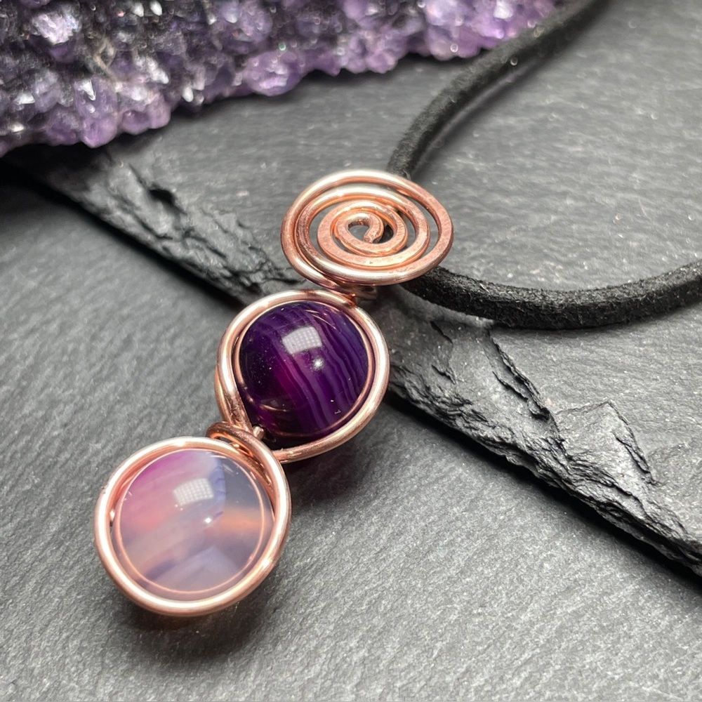 Genuine Agate Copper Wire Wrapped Pendant Leather Necklace - Picture 2 of 10